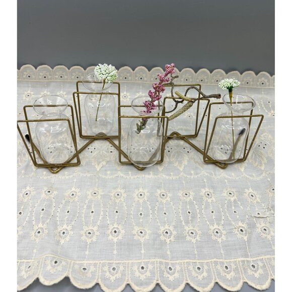 Mid-Century Modern Brass & Glass Geometric Bud Vase Set w 4 Vases - Picture 1 of 12